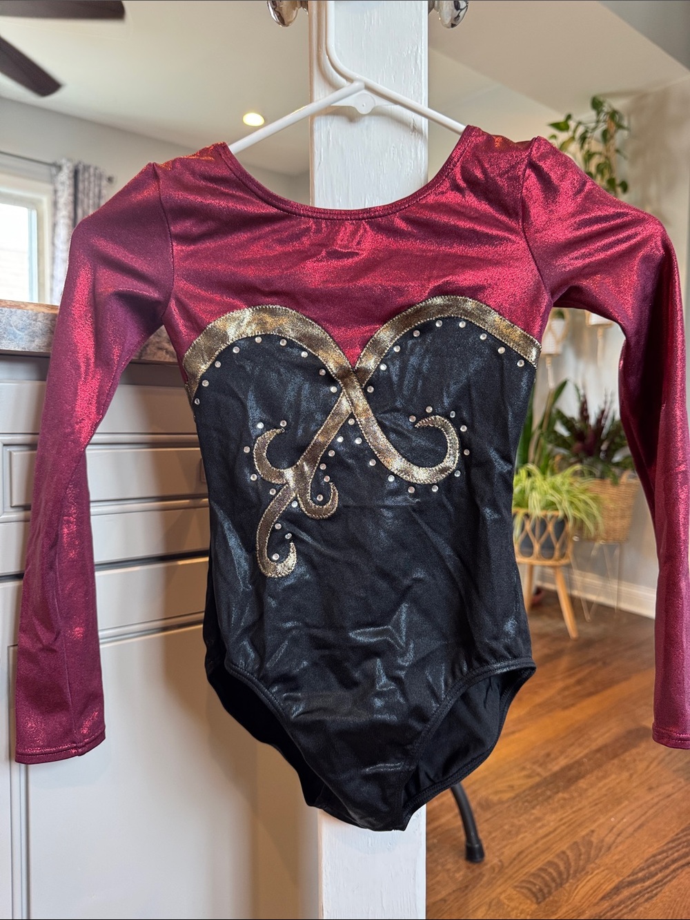 Girls Balera size 1C Red and Black Dance Leotard with Gold and Rhinestone Accent